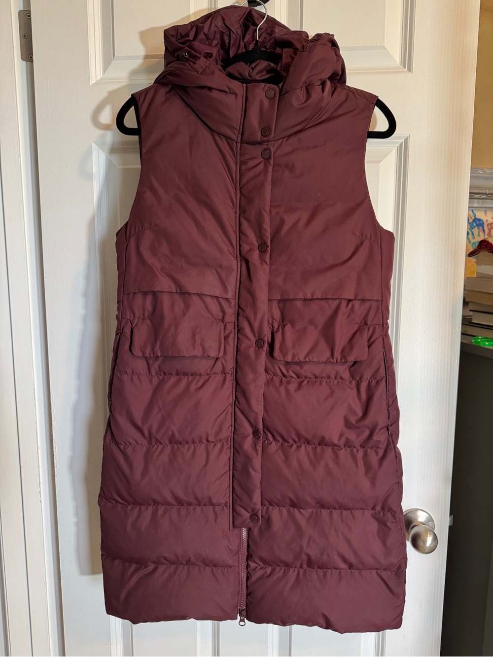 Long Sleeveless Hooded Puffer Vest in Maroon